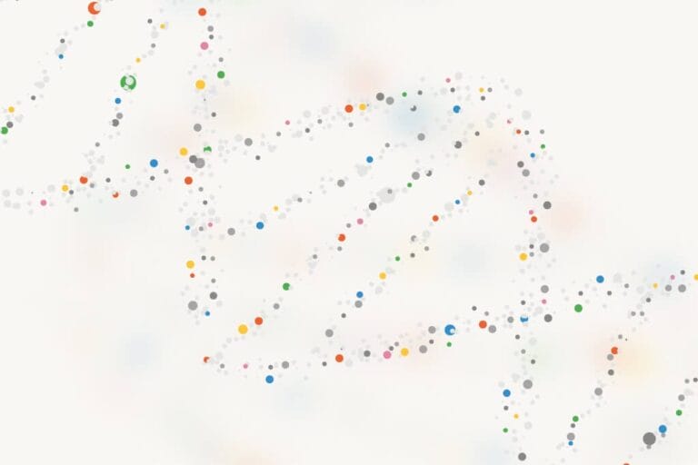 Abstract illustration of DNA helix, made up of grey and coloured dots
