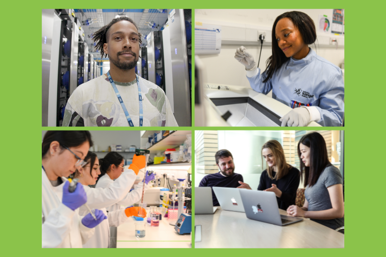 Collage of people working at the Wellcome Sanger Institute.
