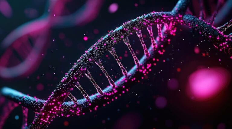 Abstract representation of DNA strands with mutated genes glowing in different colors, genetic mutation in cancer, biotechnology visualization