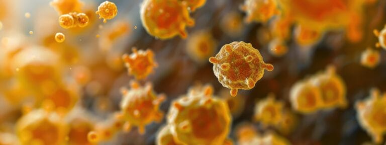 A detailed medium shot of antibiotic-resistant bacteria, Staphylococcus aureus, on a synthetic surface, illustrating the golden color and cluster formation