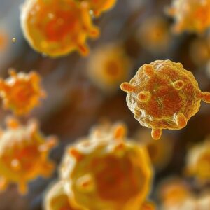 A detailed medium shot of antibiotic-resistant bacteria, Staphylococcus aureus, on a synthetic surface, illustrating the golden color and cluster formation