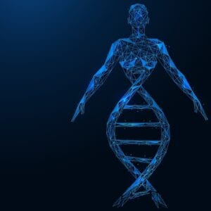 The upper part of the woman's body is connected to the DNA helix. Polygonal construction of lines and points. Blue background.