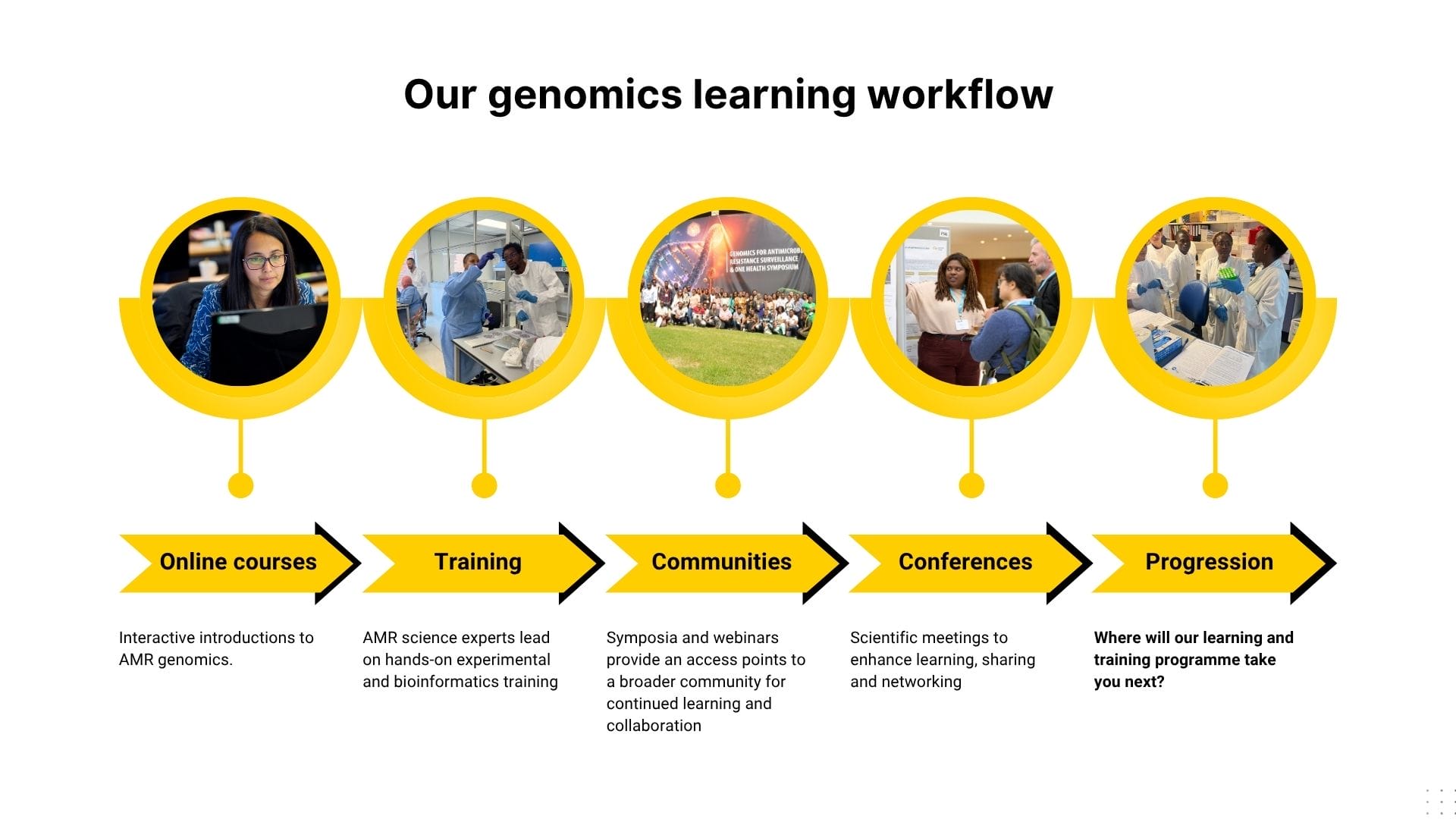 An example of our genomics learning workflow, illustrating the different entry points and opportunities available. Text reads: Online courses are interactive introductions to AMR genomics. Courses offer expert-led, hands-on experimental and bioinformatics training. Webinars and Symposia provide access points to a broader community for continued learning and collaboration. Scientific conferences enhance learning, sharing and networking. 